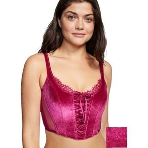Victorias Secret Velvet Lace Up Corset Top Magenta Pink Mesh Bustier Size M -NWT